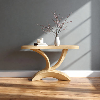 Sculptural Natural Solid Wood Console Table with Curved Pedestal Base - Livewoodcraft - 3
