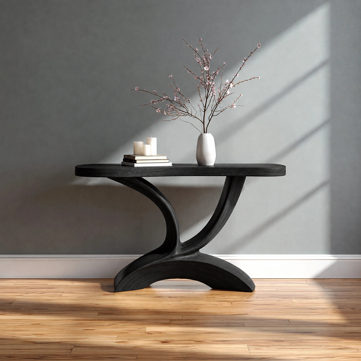 Sculptural Natural Solid Wood Console Table with Curved Pedestal Base - Livewoodcraft - 4