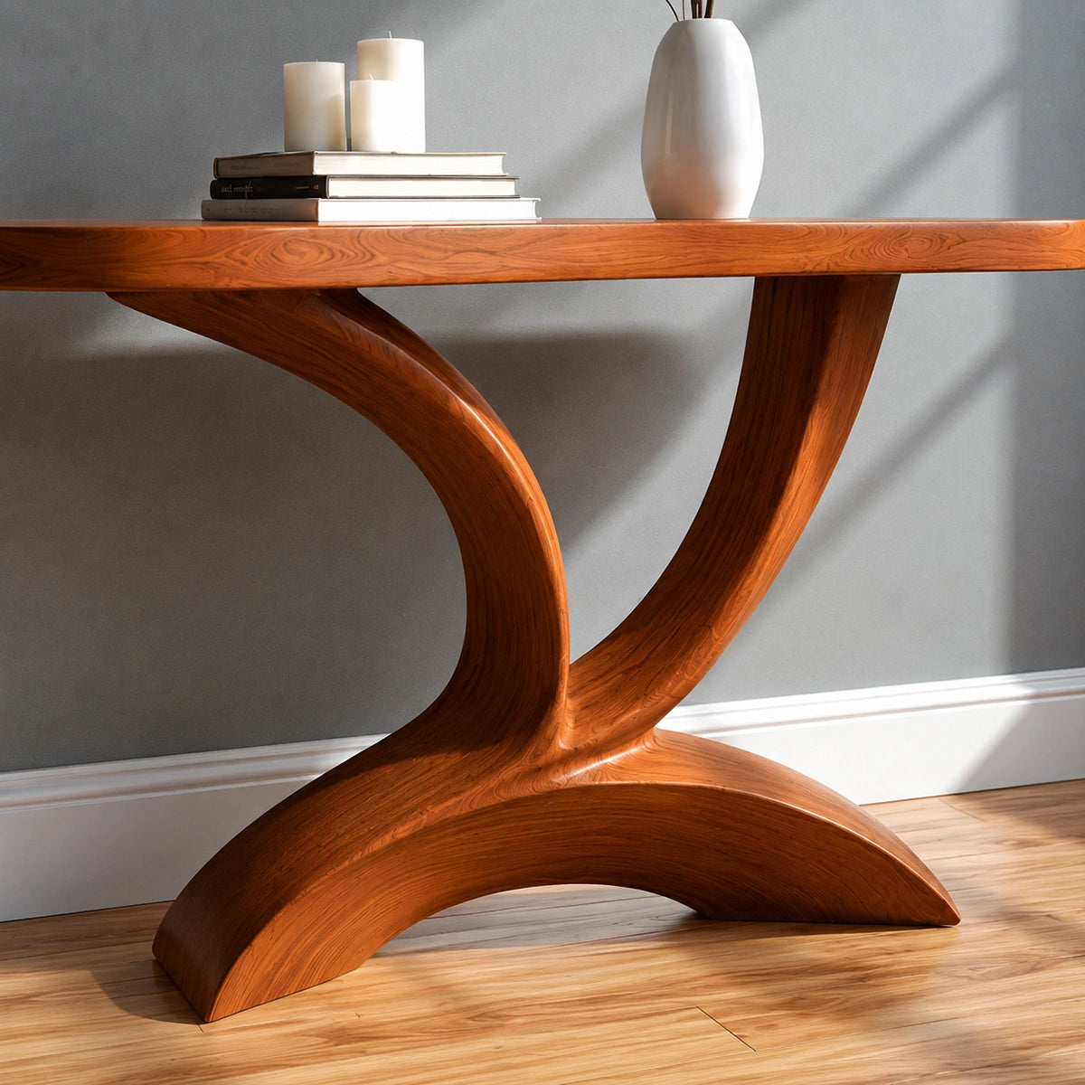 Sculptural Natural Solid Wood Console Table with Curved Pedestal Base - Livewoodcraft - 5