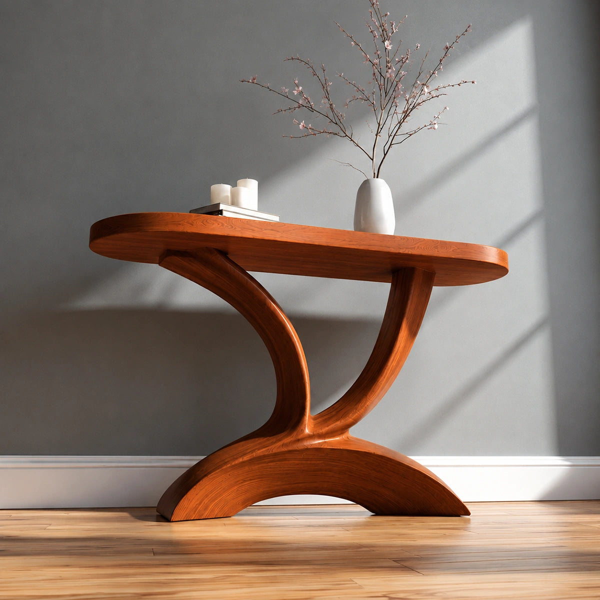 Sculptural Natural Solid Wood Console Table with Curved Pedestal Base - Livewoodcraft - 6
