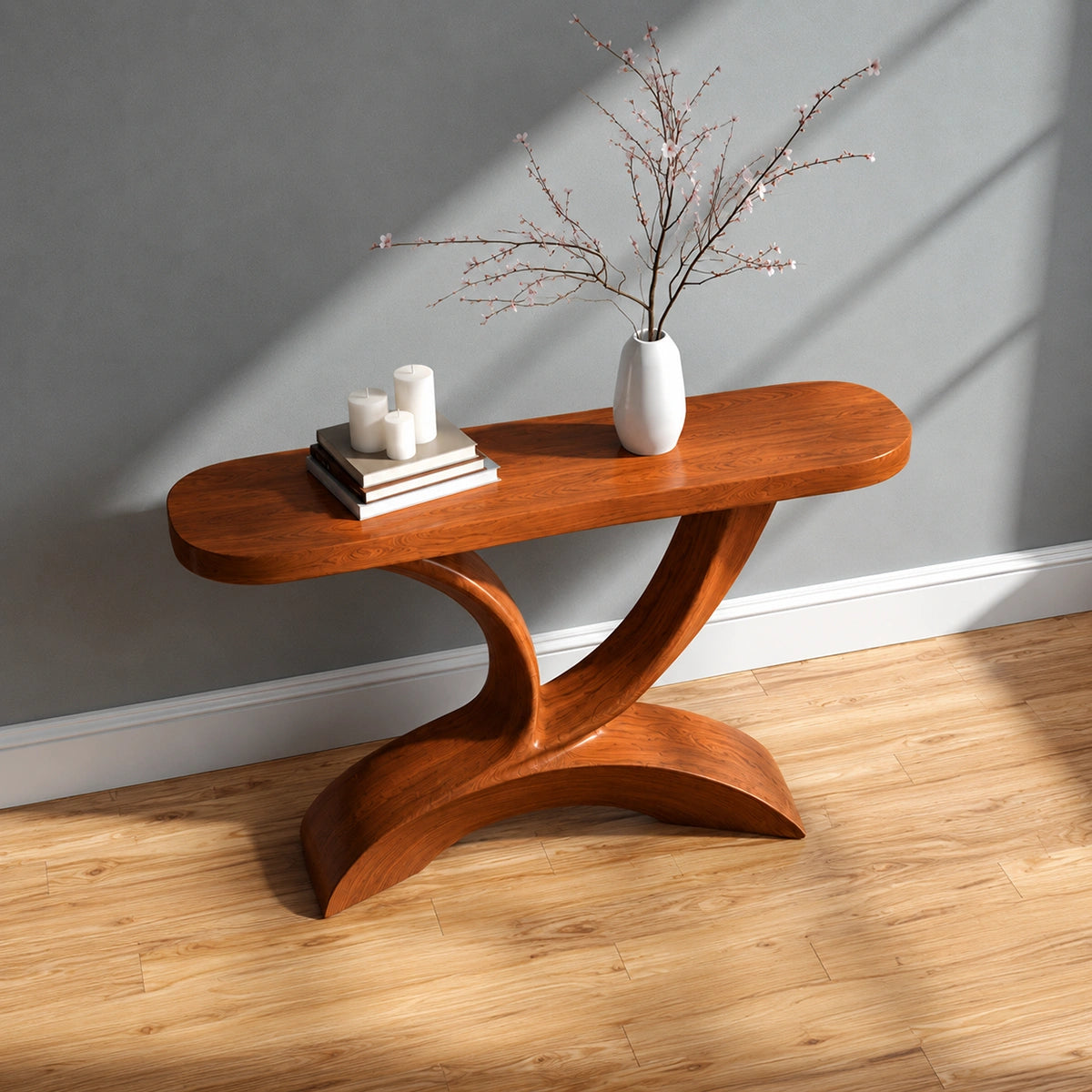 Sculptural Natural Solid Wood Console Table with Curved Pedestal Base - Livewoodcraft - 7