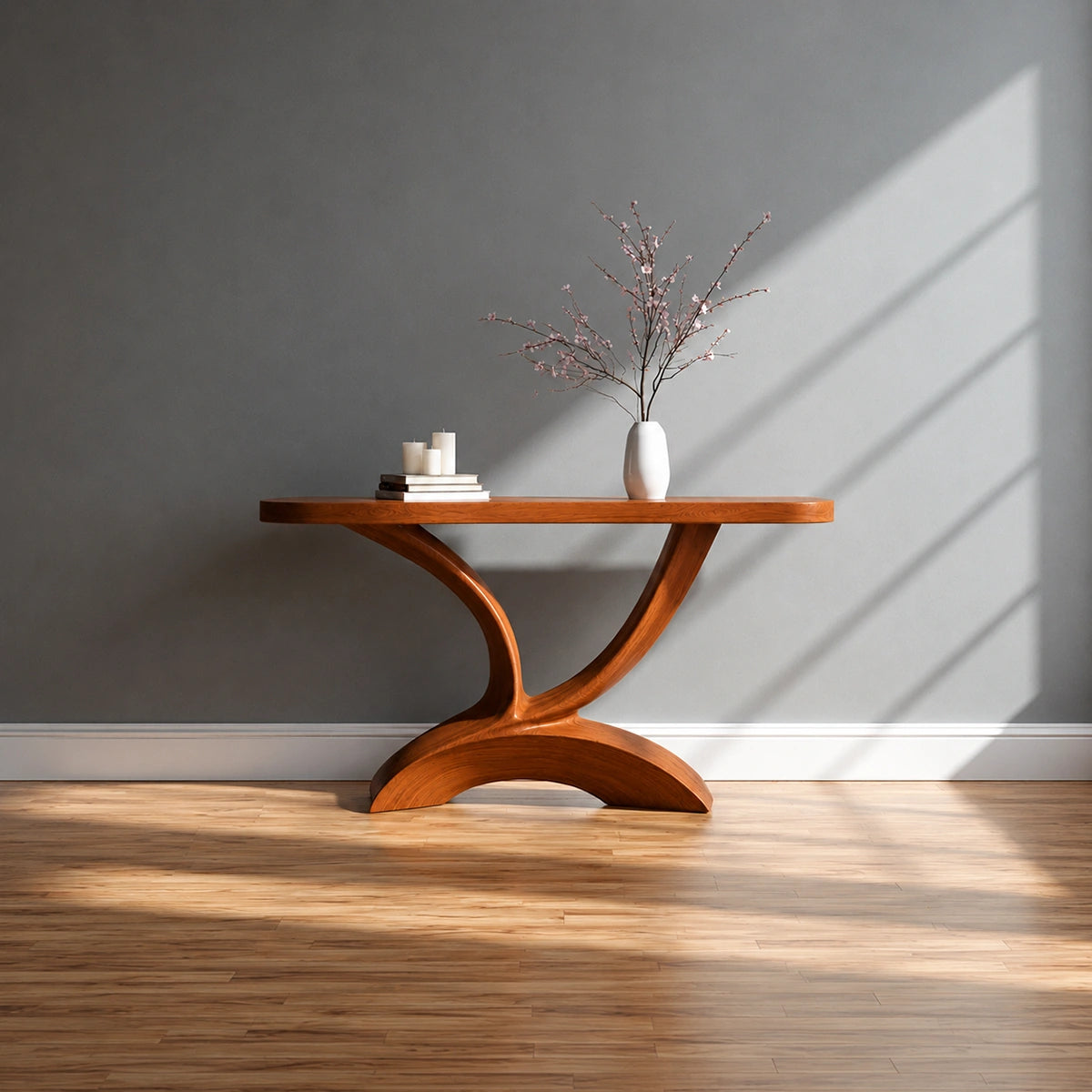 Sculptural Natural Solid Wood Console Table with Curved Pedestal Base - Livewoodcraft - 8
