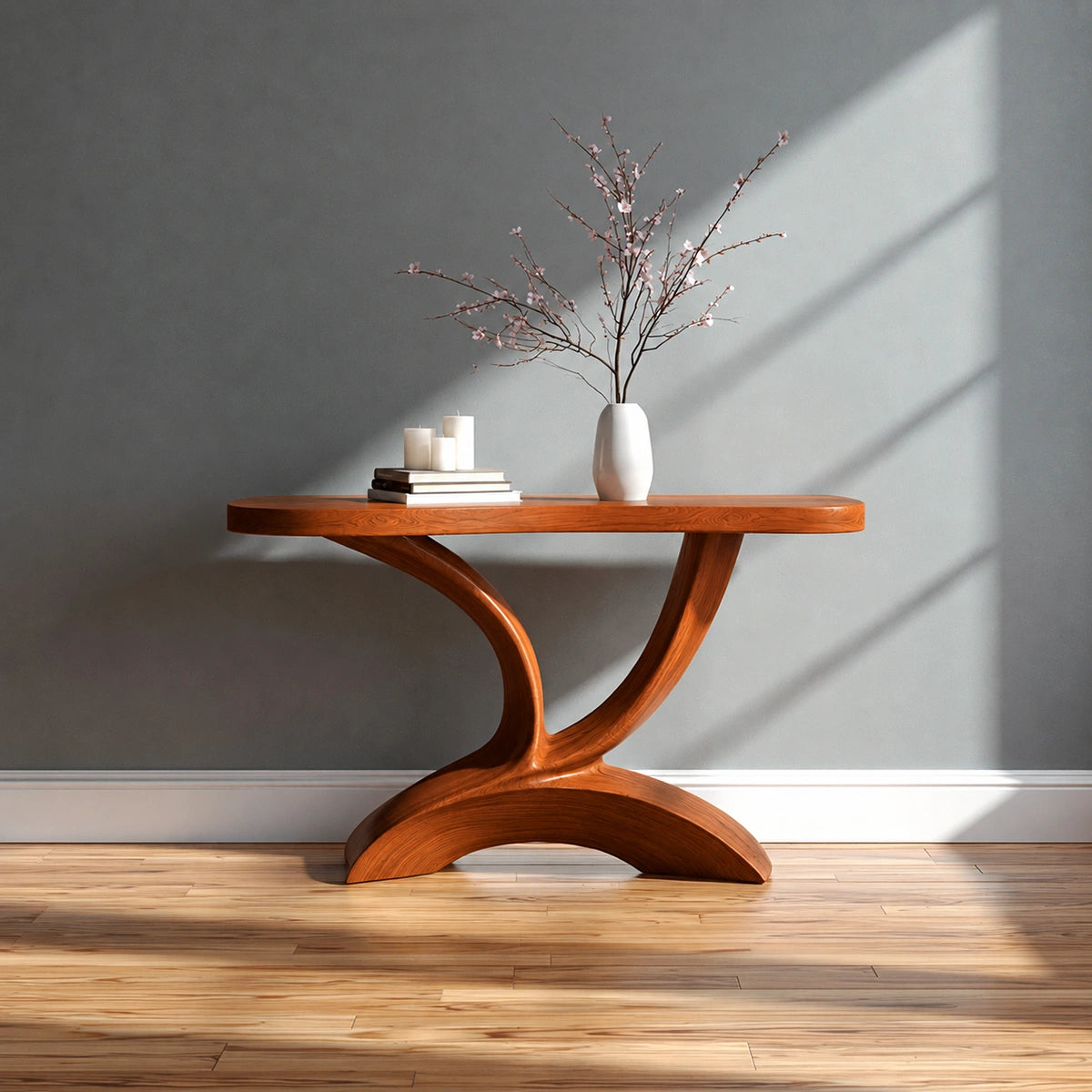 Sculptural Natural Solid Wood Console Table with Curved Pedestal Base - Livewoodcraft