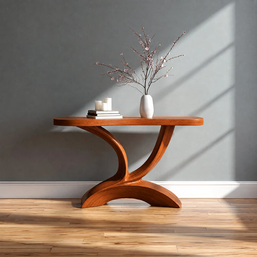 Sculptural Natural Solid Wood Console Table with Curved Pedestal Base - Livewoodcraft