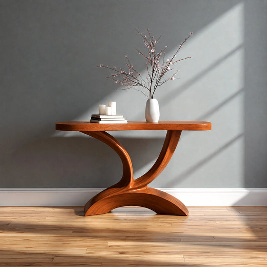 Sculptural Natural Solid Wood Console Table with Curved Pedestal Base - Livewoodcraft