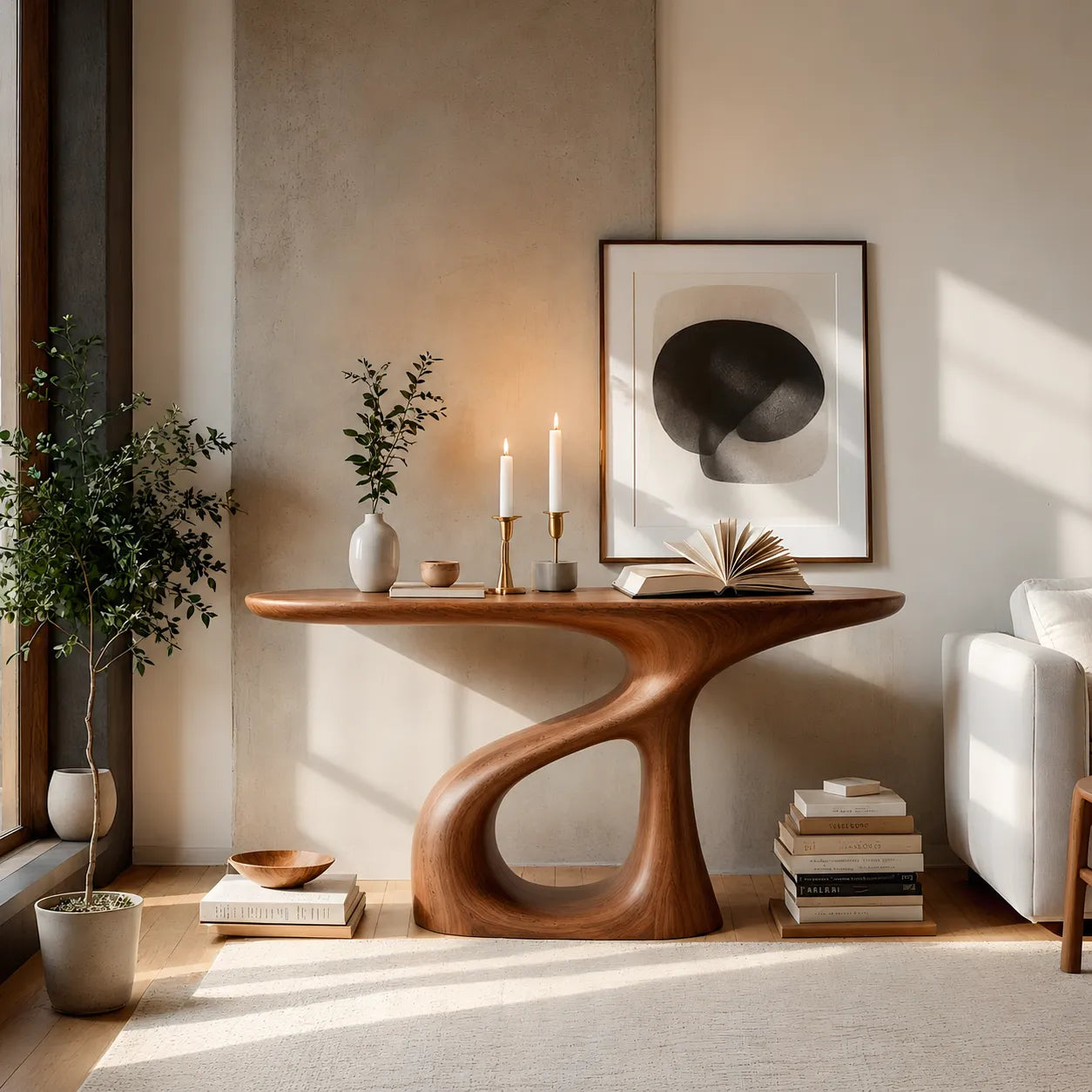 Sculptural Natural Solid Wood Console Table with Flowing Open Base - Livewoodcraft - 2