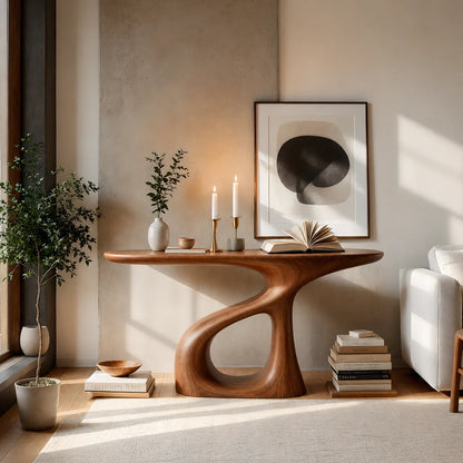 Sculptural Natural Solid Wood Console Table with Flowing Open Base - Livewoodcraft - 2