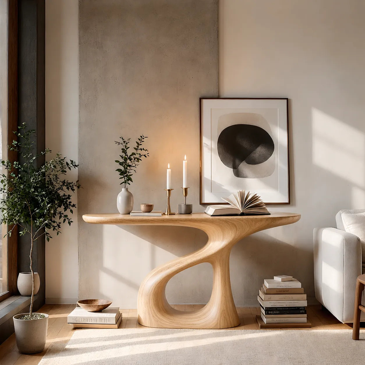 Sculptural Natural Solid Wood Console Table with Flowing Open Base - Livewoodcraft - 3