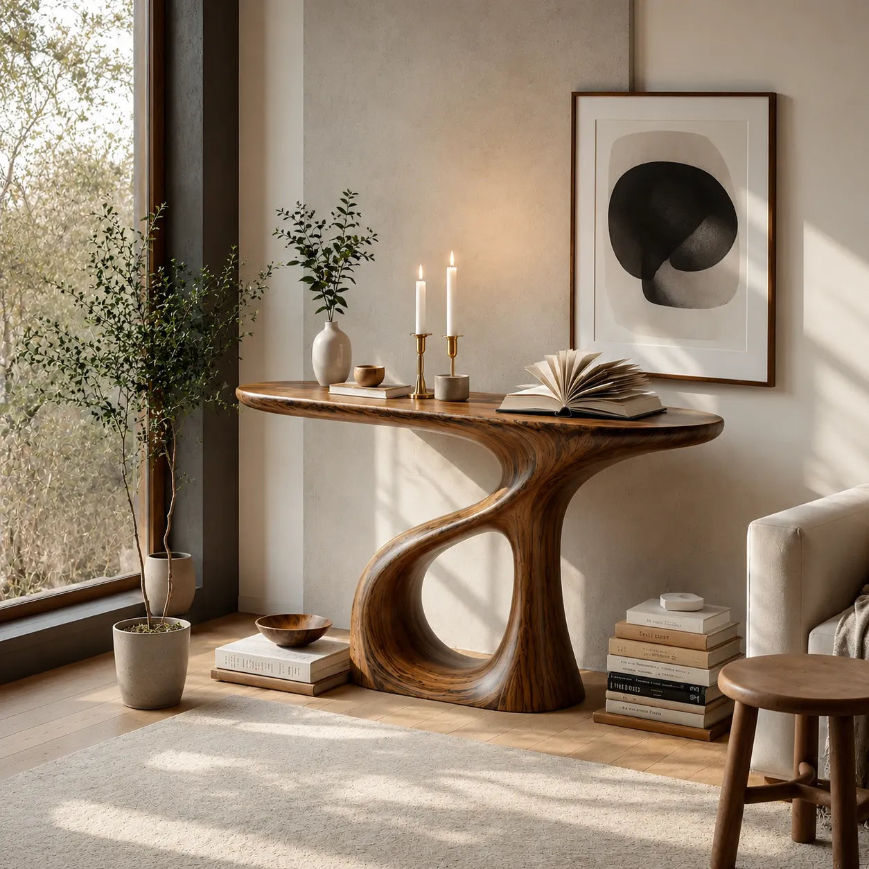 Sculptural Natural Solid Wood Console Table with Flowing Open Base - Livewoodcraft - 5