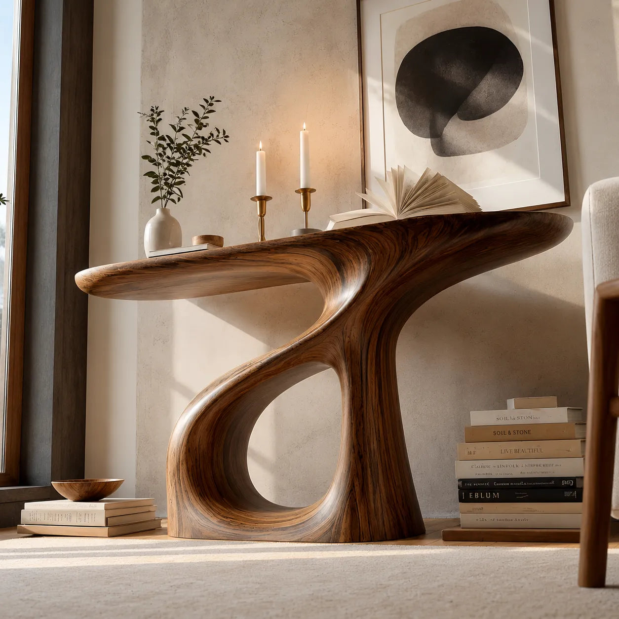 Sculptural Natural Solid Wood Console Table with Flowing Open Base - Livewoodcraft - 7
