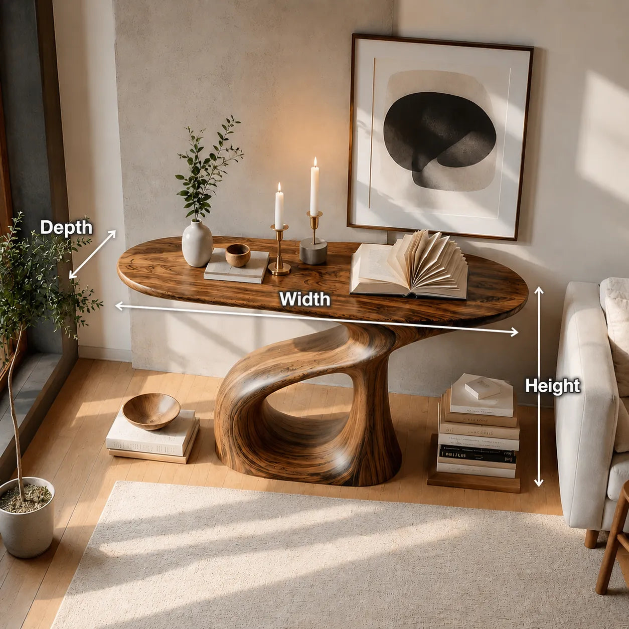 Sculptural Natural Solid Wood Console Table with Flowing Open Base - Livewoodcraft - 9
