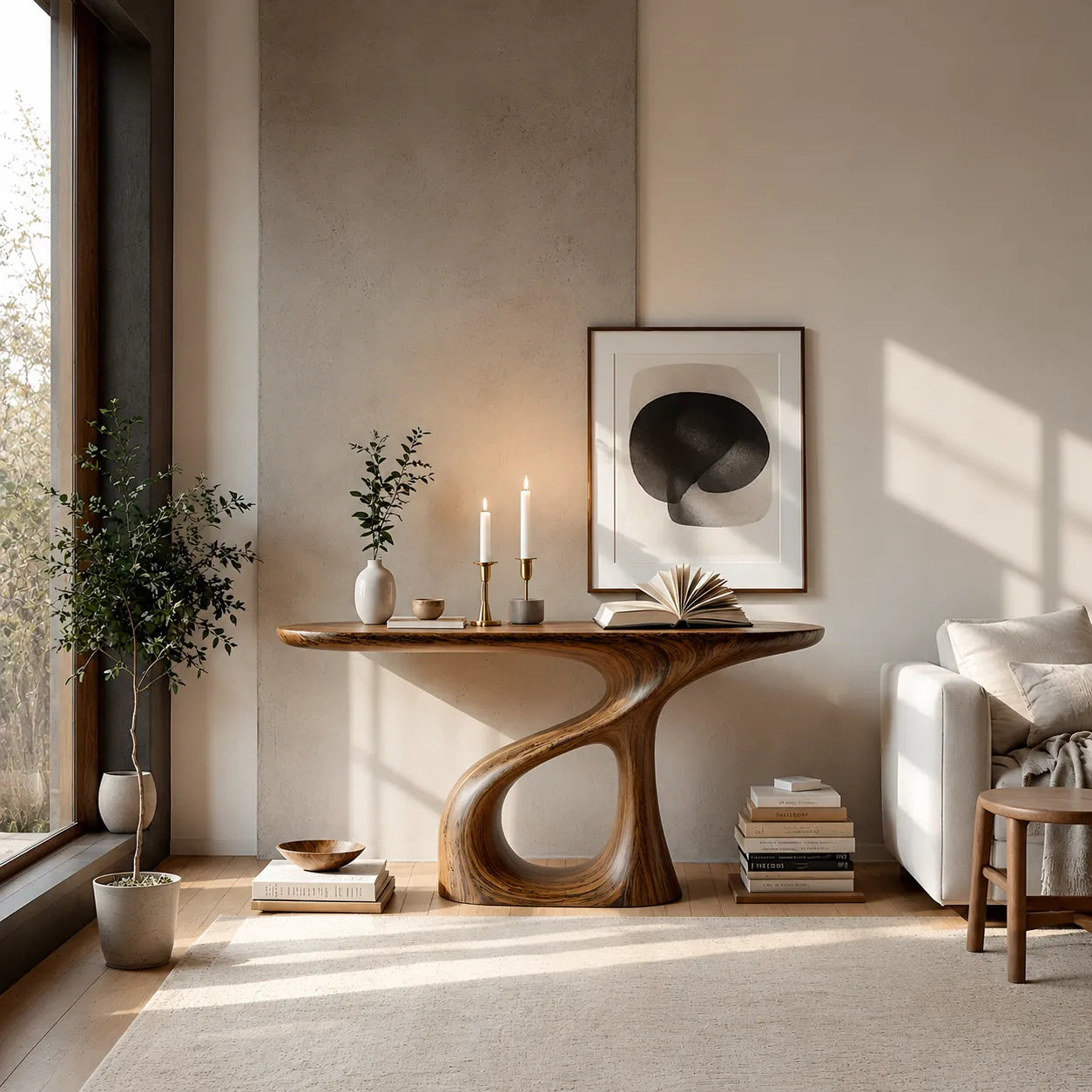 Sculptural Natural Solid Wood Console Table with Flowing Open Base - Livewoodcraft