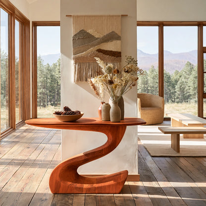 Sculptural Natural Solid Wood Console Table with Flowing S Curve Base - Livewoodcraft - 2