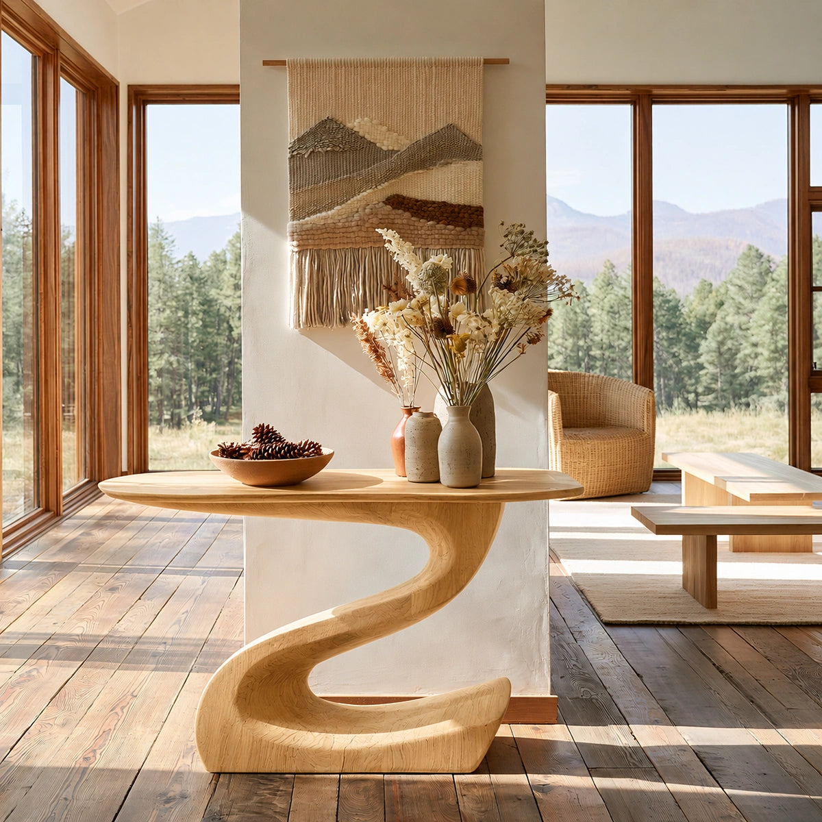 Sculptural Natural Solid Wood Console Table with Flowing S Curve Base - Livewoodcraft - 3