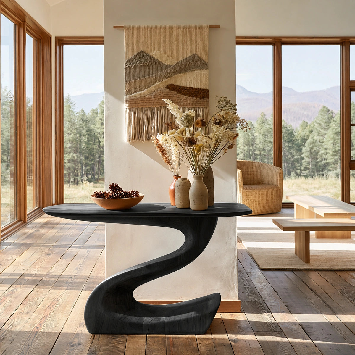 Sculptural Natural Solid Wood Console Table with Flowing S Curve Base - Livewoodcraft - 4
