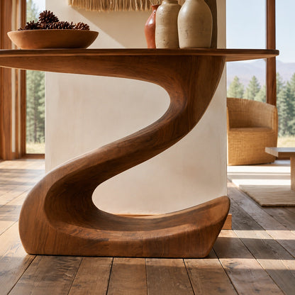 Sculptural Natural Solid Wood Console Table with Flowing S Curve Base - Livewoodcraft - 5