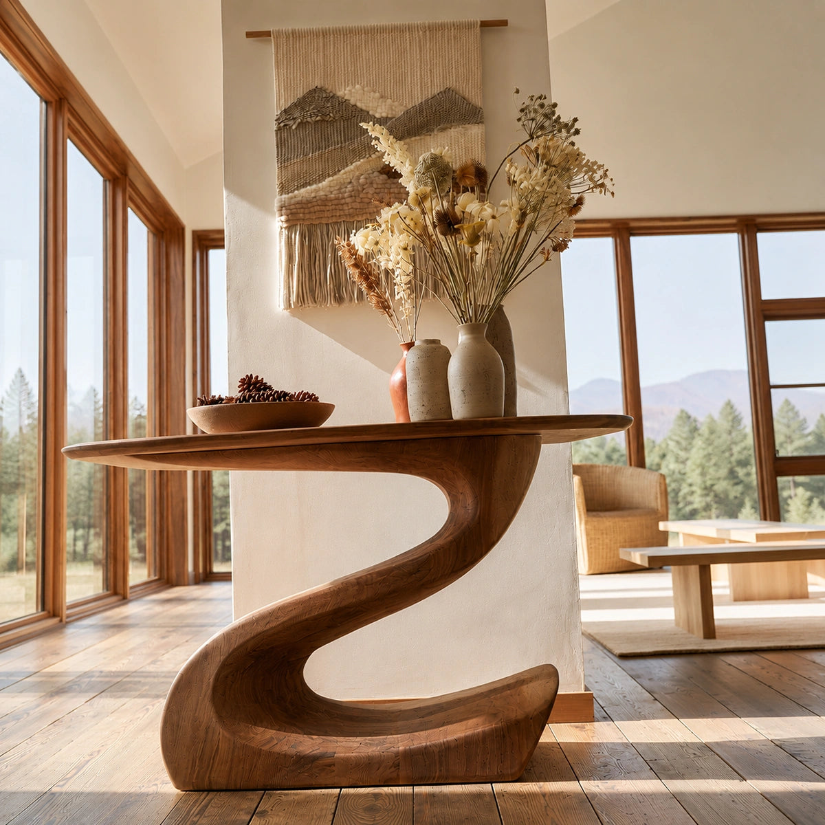 Sculptural Natural Solid Wood Console Table with Flowing S Curve Base - Livewoodcraft - 6