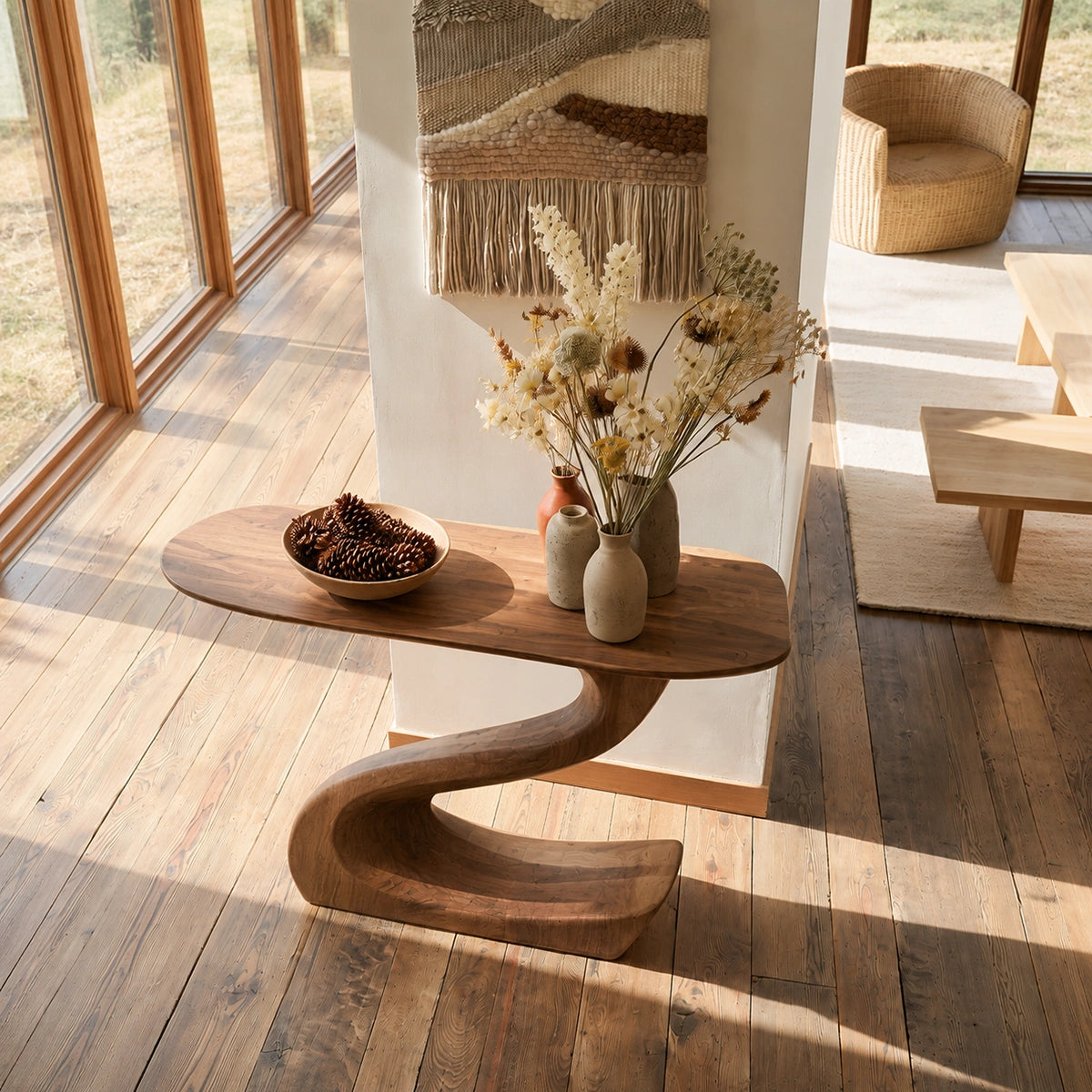Sculptural Natural Solid Wood Console Table with Flowing S Curve Base - Livewoodcraft - 7