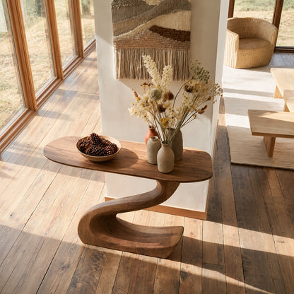 Sculptural Natural Solid Wood Console Table with Flowing S Curve Base - Livewoodcraft - 7