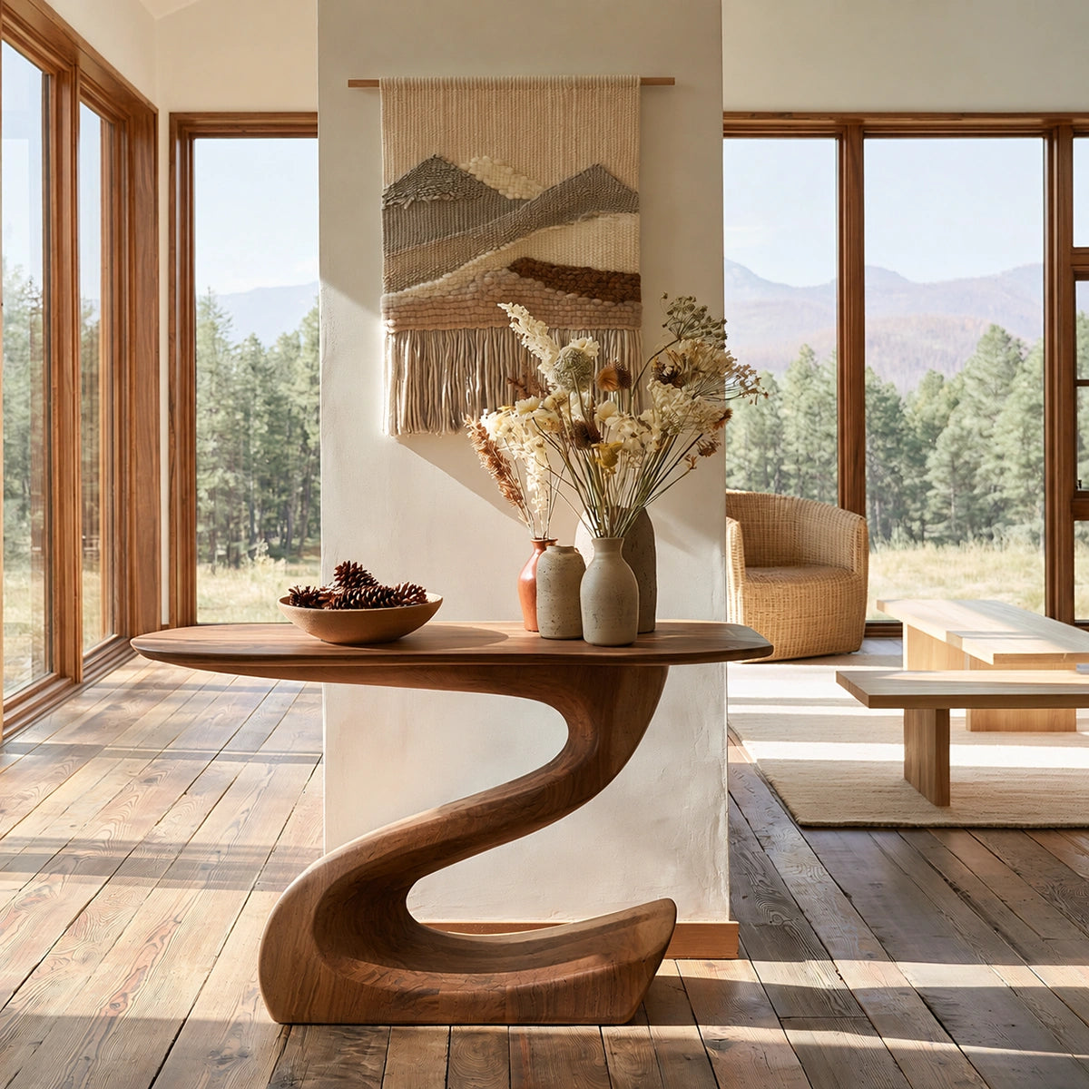 Sculptural Natural Solid Wood Console Table with Flowing S Curve Base - Livewoodcraft