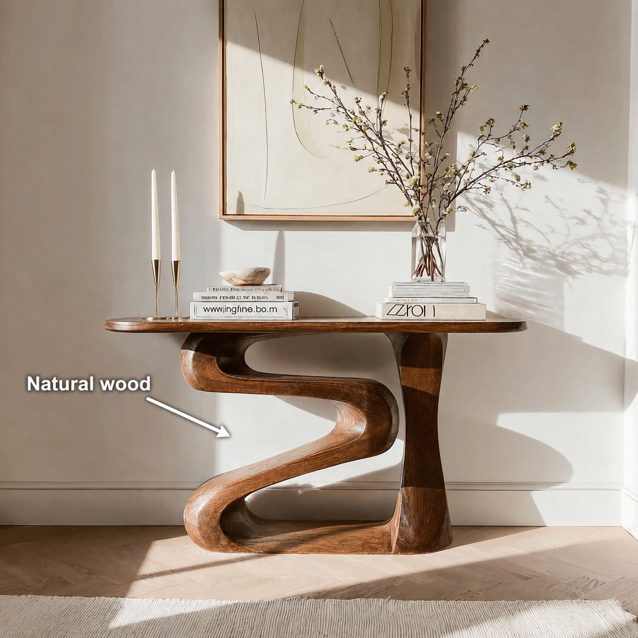 Sculptural Natural Solid Wood Console Table with Flowing Z Shape Base - Livewoodcraft - 10