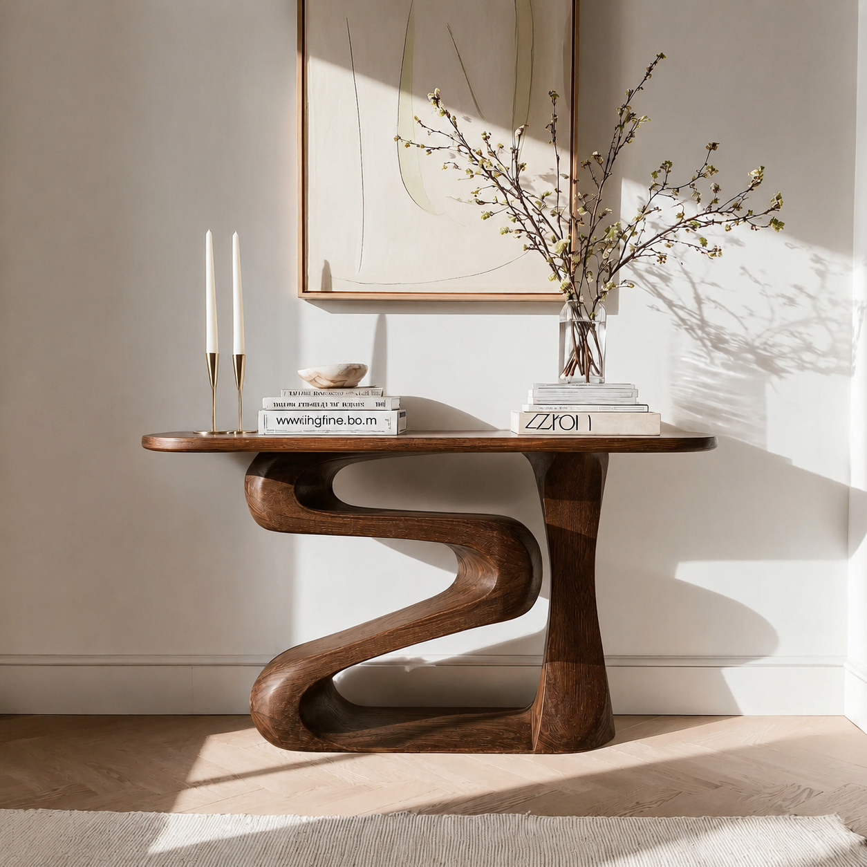 Sculptural Natural Solid Wood Console Table with Flowing Z Shape Base - Livewoodcraft - 2