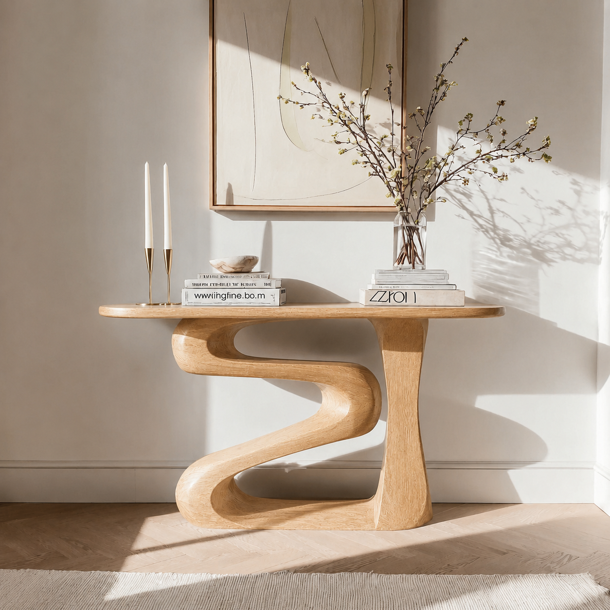 Sculptural Natural Solid Wood Console Table with Flowing Z Shape Base - Livewoodcraft - 3