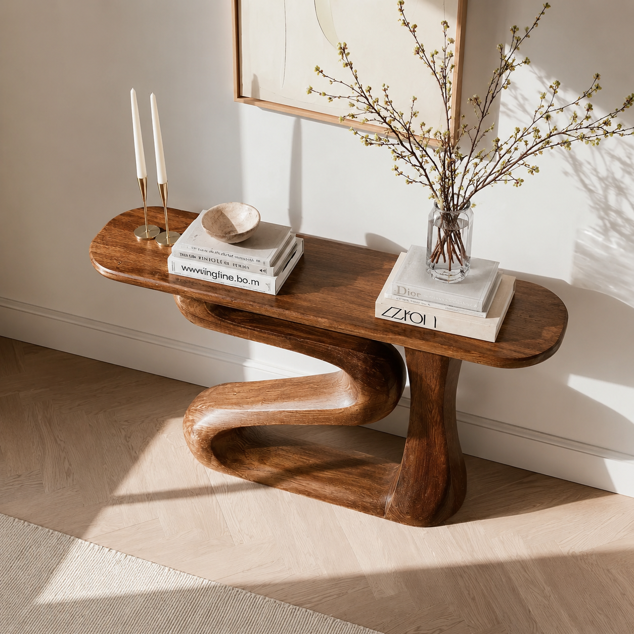 Sculptural Natural Solid Wood Console Table with Flowing Z Shape Base - Livewoodcraft - 5
