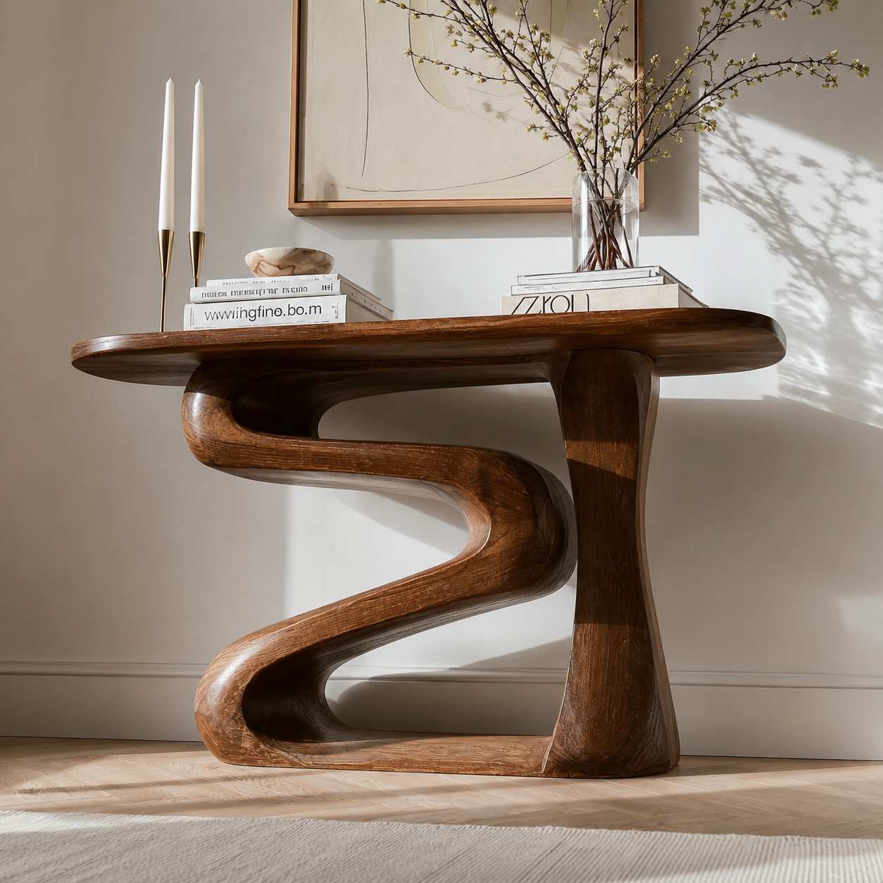 Sculptural Natural Solid Wood Console Table with Flowing Z Shape Base - Livewoodcraft - 7