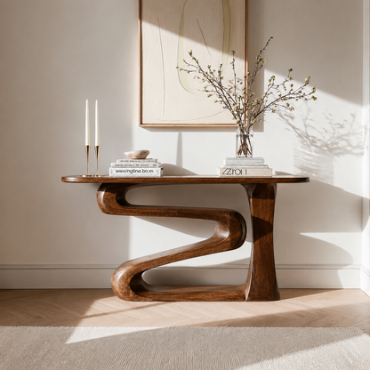 Sculptural Natural Solid Wood Console Table with Flowing Z Shape Base - Livewoodcraft - 8