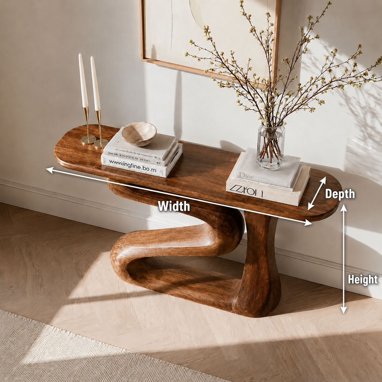 Sculptural Natural Solid Wood Console Table with Flowing Z Shape Base - Livewoodcraft - 9