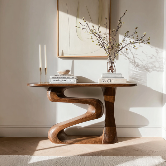 Sculptural Natural Solid Wood Console Table with Flowing Z Shape Base - Livewoodcraft
