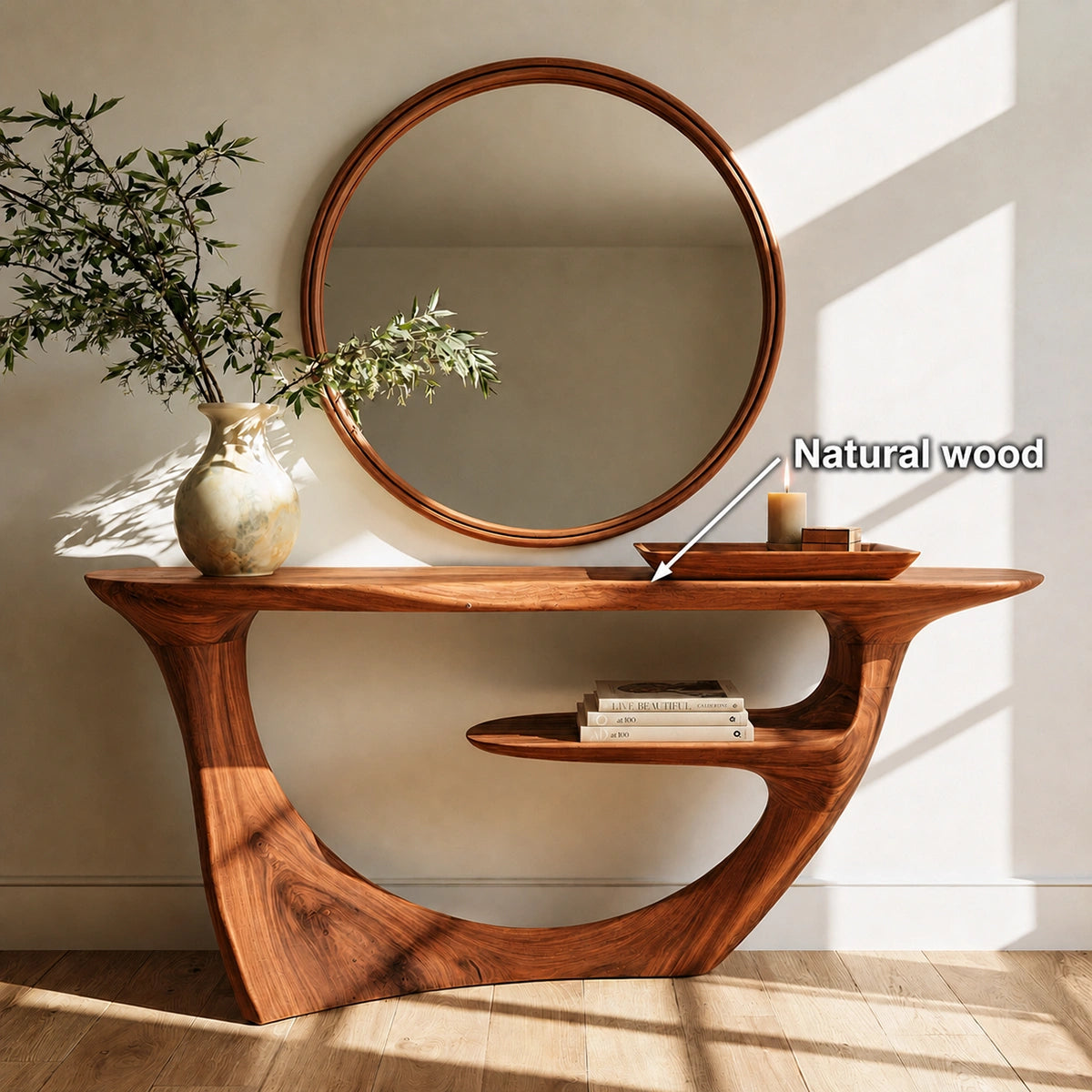 Sculptural Natural Solid Wood Console Table with Integrated Display Shelf - Livewoodcraft - 10