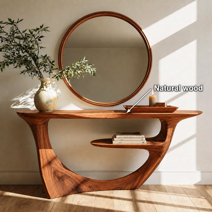 Sculptural Natural Solid Wood Console Table with Integrated Display Shelf - Livewoodcraft - 10