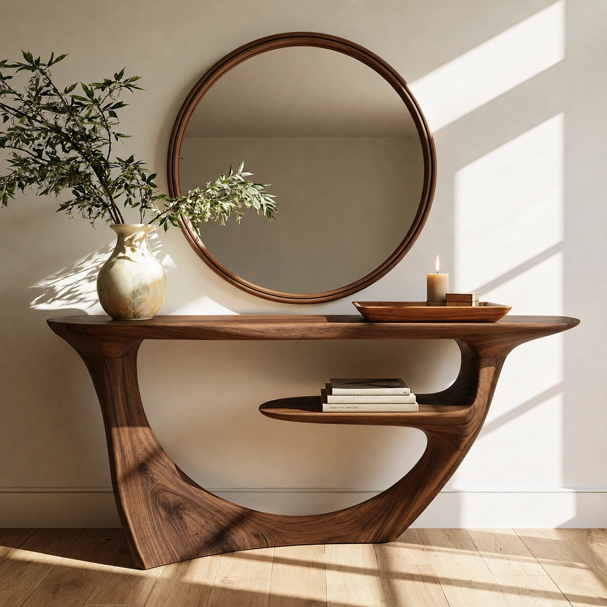 Sculptural Natural Solid Wood Console Table with Integrated Display Shelf - Livewoodcraft - 2