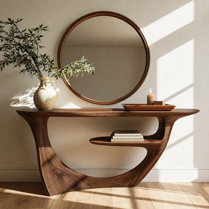 Sculptural Natural Solid Wood Console Table with Integrated Display Shelf - Livewoodcraft - 2