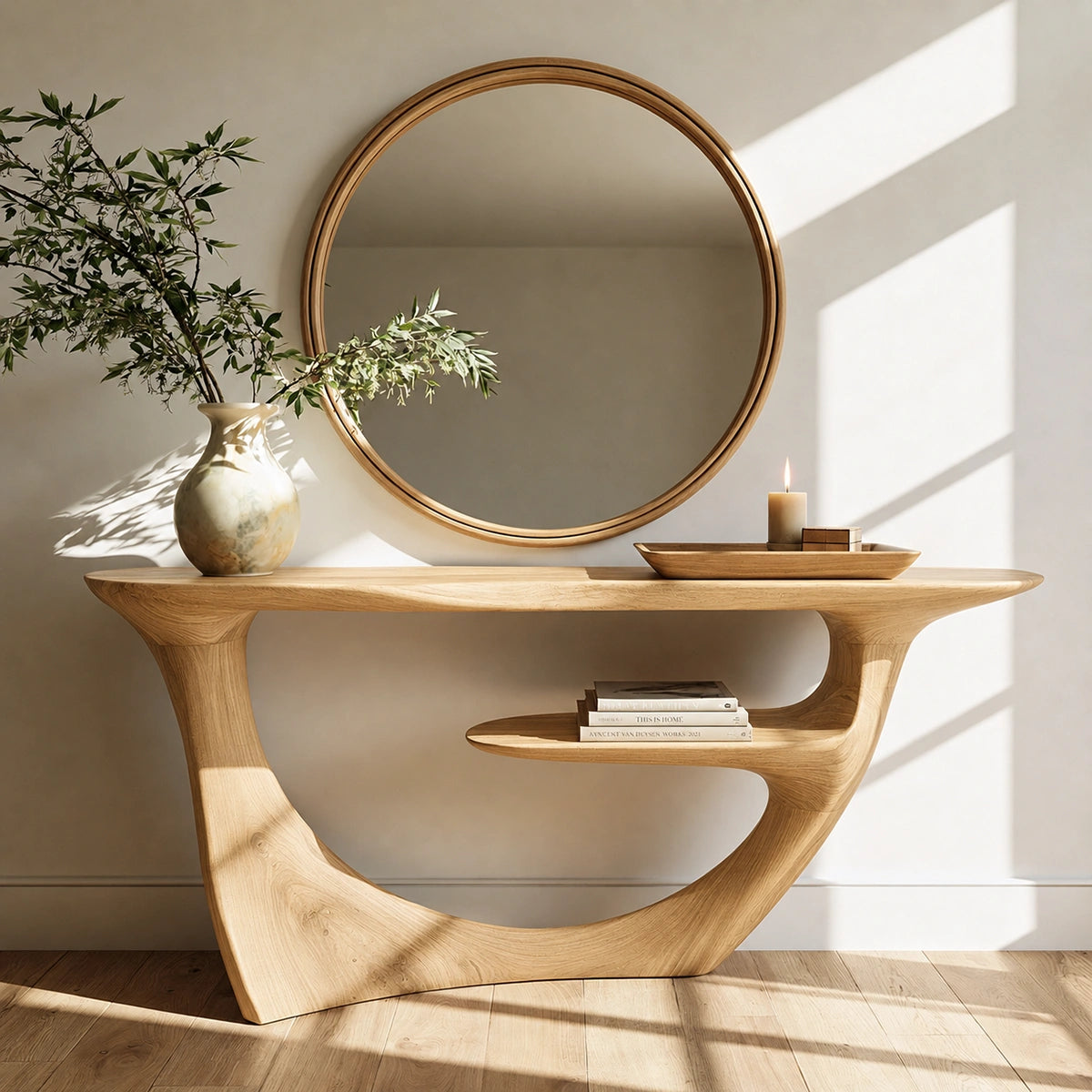 Sculptural Natural Solid Wood Console Table with Integrated Display Shelf - Livewoodcraft - 3