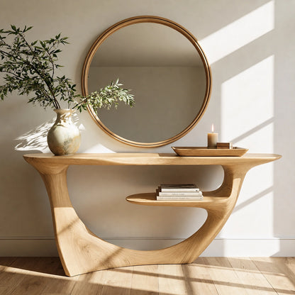 Sculptural Natural Solid Wood Console Table with Integrated Display Shelf - Livewoodcraft - 3