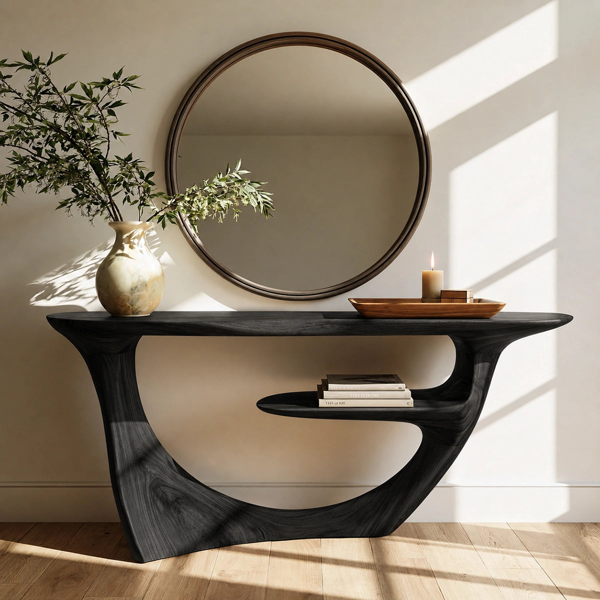 Sculptural Natural Solid Wood Console Table with Integrated Display Shelf - Livewoodcraft - 4