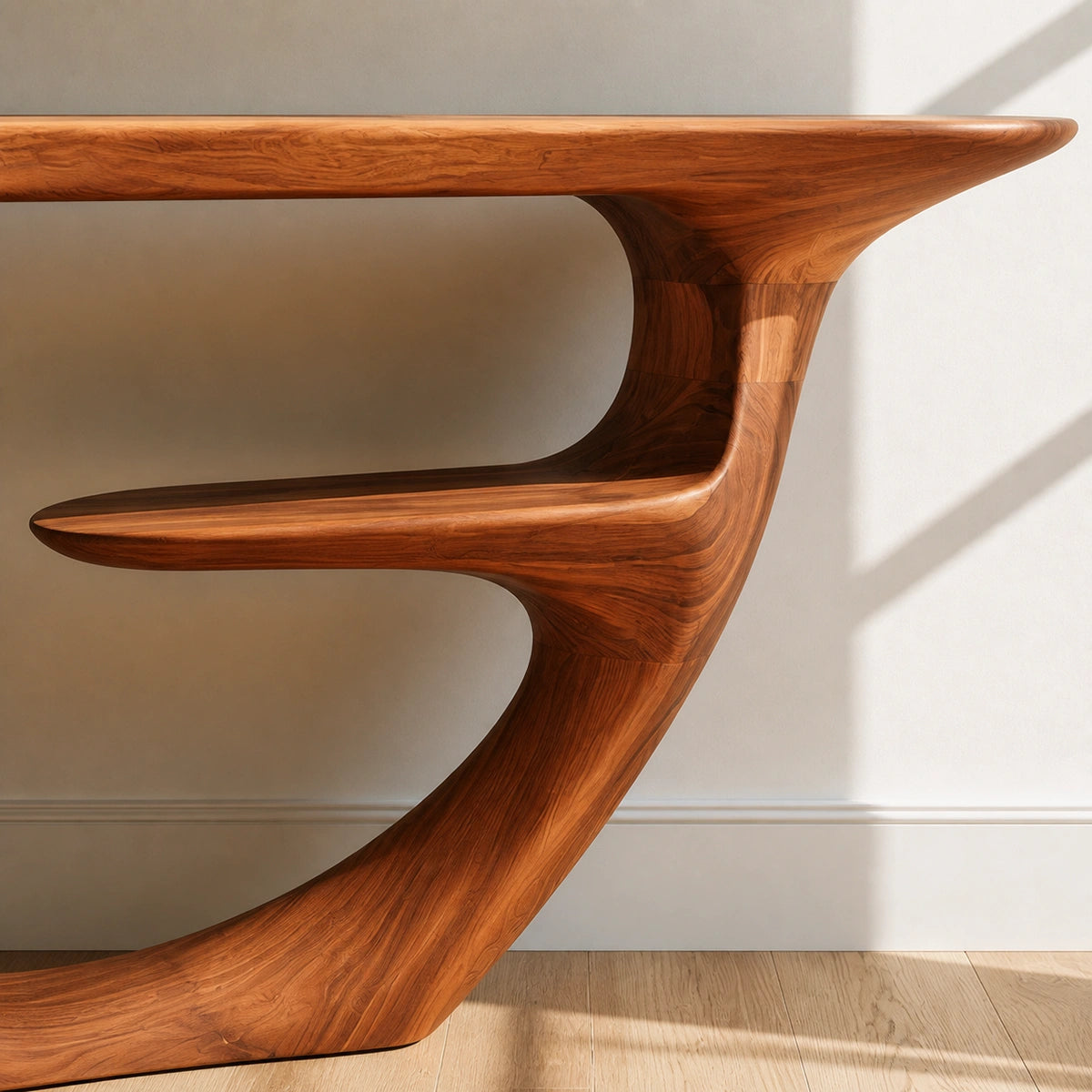 Sculptural Natural Solid Wood Console Table with Integrated Display Shelf - Livewoodcraft - 5