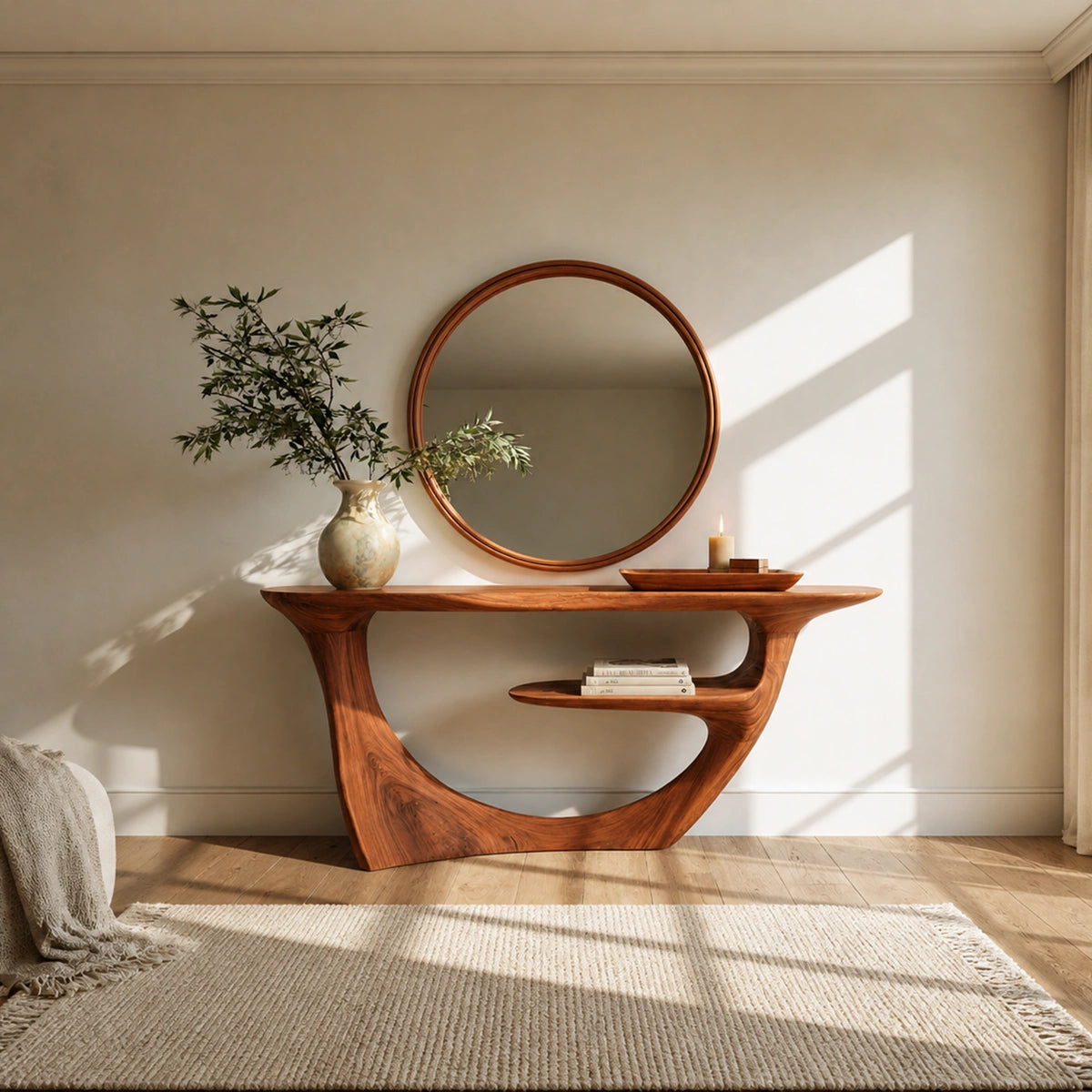 Sculptural Natural Solid Wood Console Table with Integrated Display Shelf - Livewoodcraft - 6