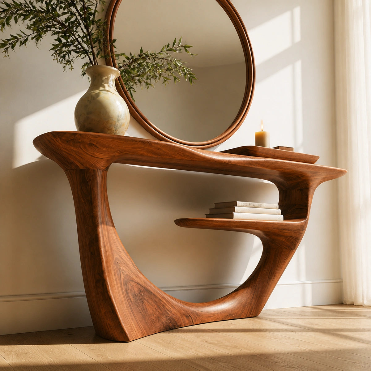 Sculptural Natural Solid Wood Console Table with Integrated Display Shelf - Livewoodcraft - 7