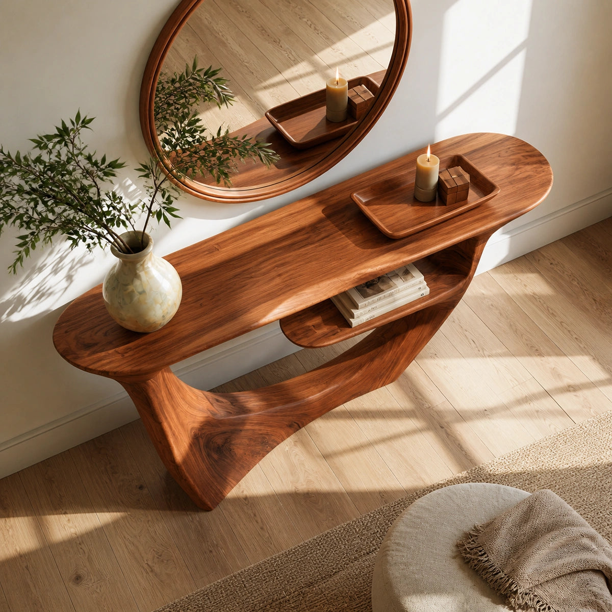 Sculptural Natural Solid Wood Console Table with Integrated Display Shelf - Livewoodcraft - 8