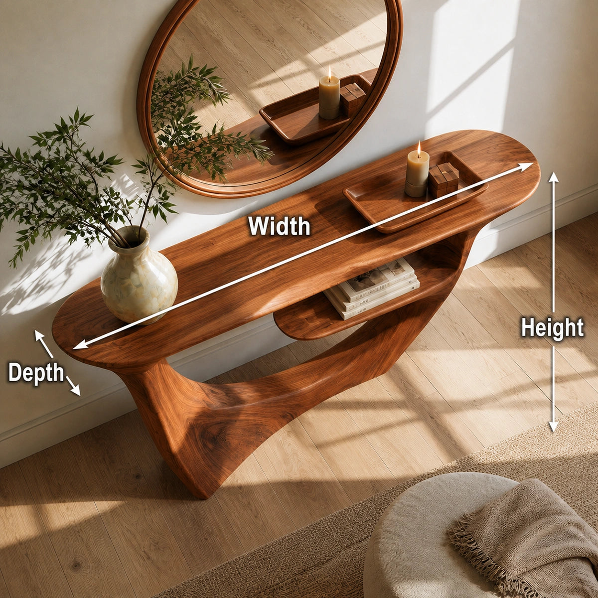 Sculptural Natural Solid Wood Console Table with Integrated Display Shelf - Livewoodcraft - 9