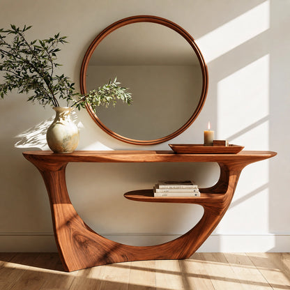 Sculptural Natural Solid Wood Console Table with Integrated Display Shelf - Livewoodcraft