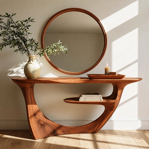 Sculptural Natural Solid Wood Console Table with Integrated Display Shelf - Livewoodcraft
