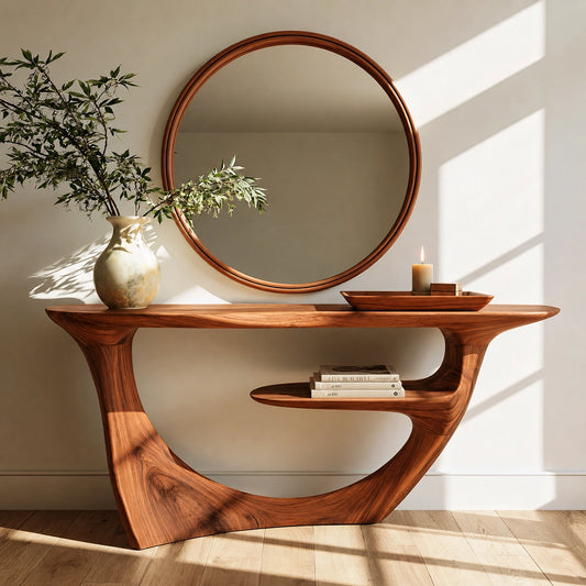 Sculptural Natural Solid Wood Console Table with Integrated Display Shelf - Livewoodcraft