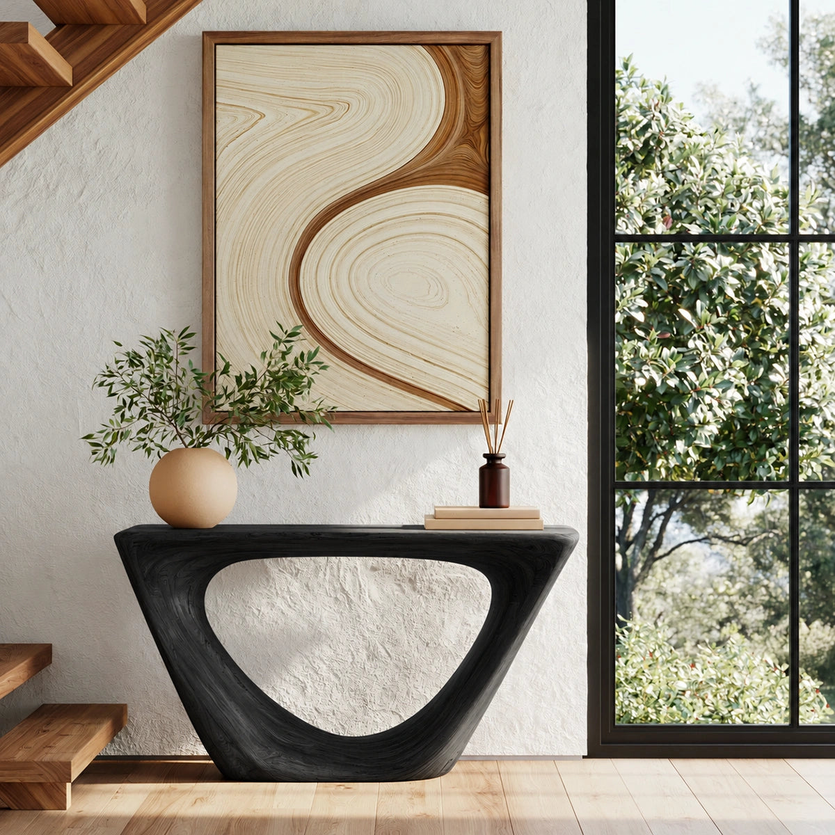 Sculptural Natural Solid Wood Console Table with Open Geometric Base - Livewoodcraft - 4256 - 4