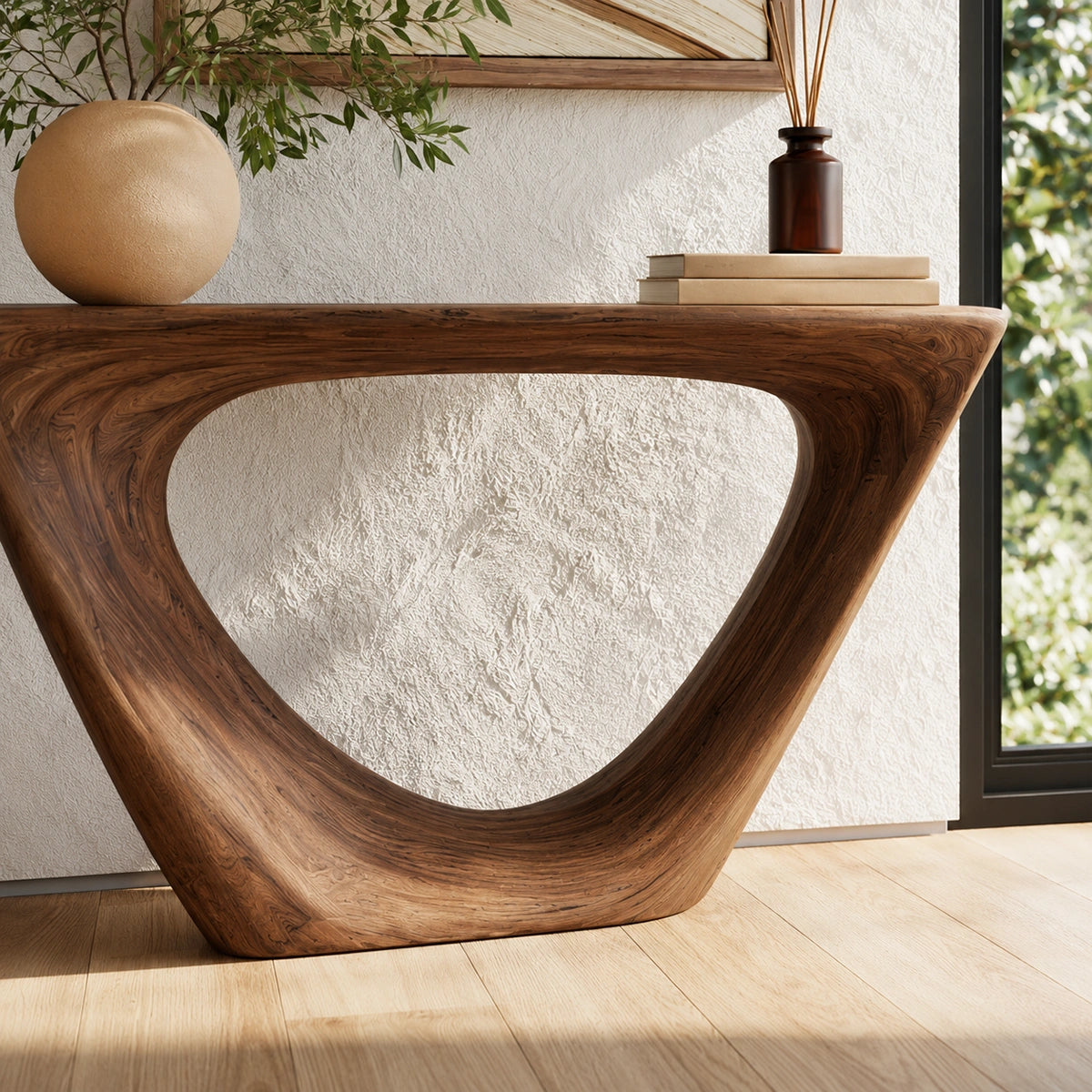 Sculptural Natural Solid Wood Console Table with Open Geometric Base - Livewoodcraft - 4256 - 5