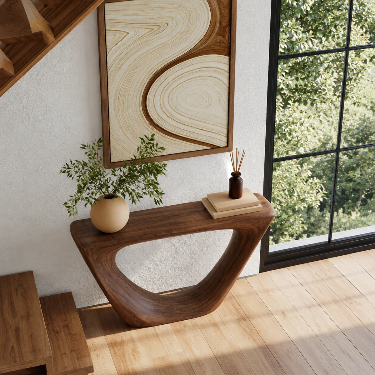 Sculptural Natural Solid Wood Console Table with Open Geometric Base - Livewoodcraft - 4256 - 7